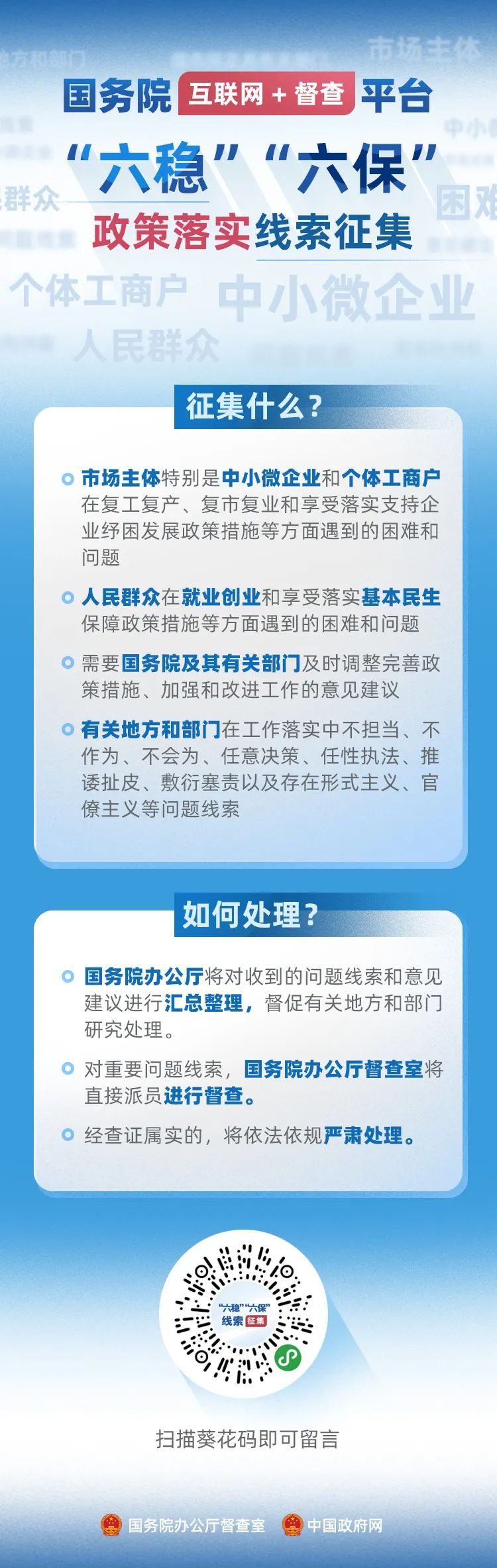 国务院“互联网+督查”平台征集“六稳”“六保”落实的建议和问题线索