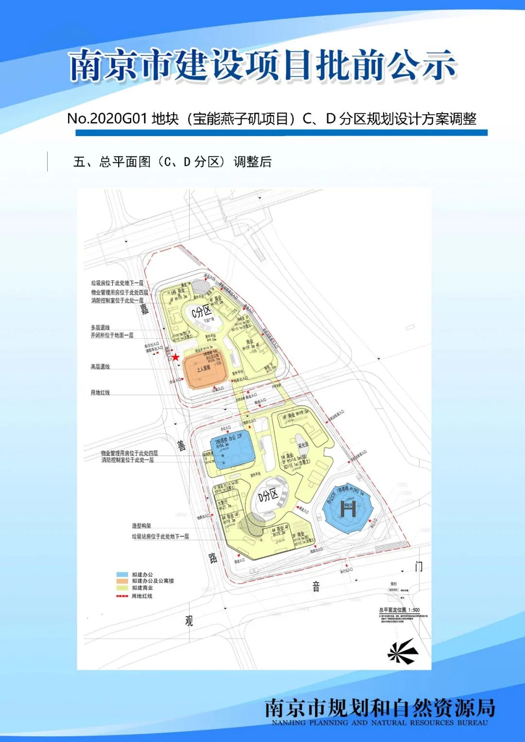 No.2020G01地块（宝能燕子矶项目）C、D分区规划设计方案调整批前公示